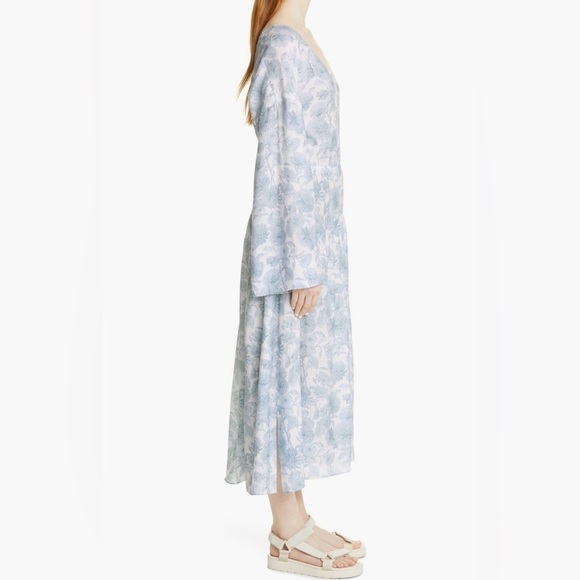 Vince Dahlia Floral Summer Dress Long Sleeve V Neck Women M Baby Blue White - Picture 12 of 16